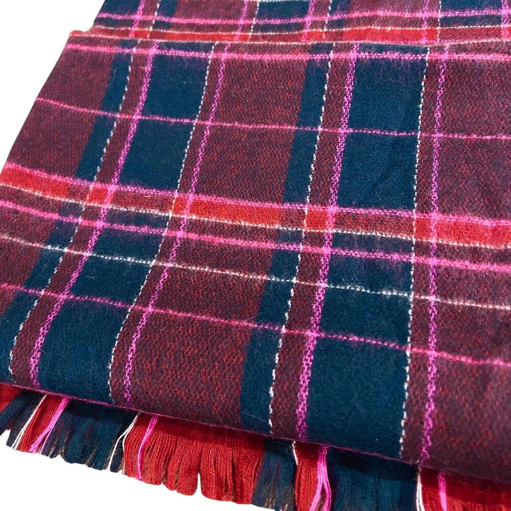 LOFT Plaid Blanket Scarf NWT Navy Burgundy Pink Fringed Oversized Winter Wrap